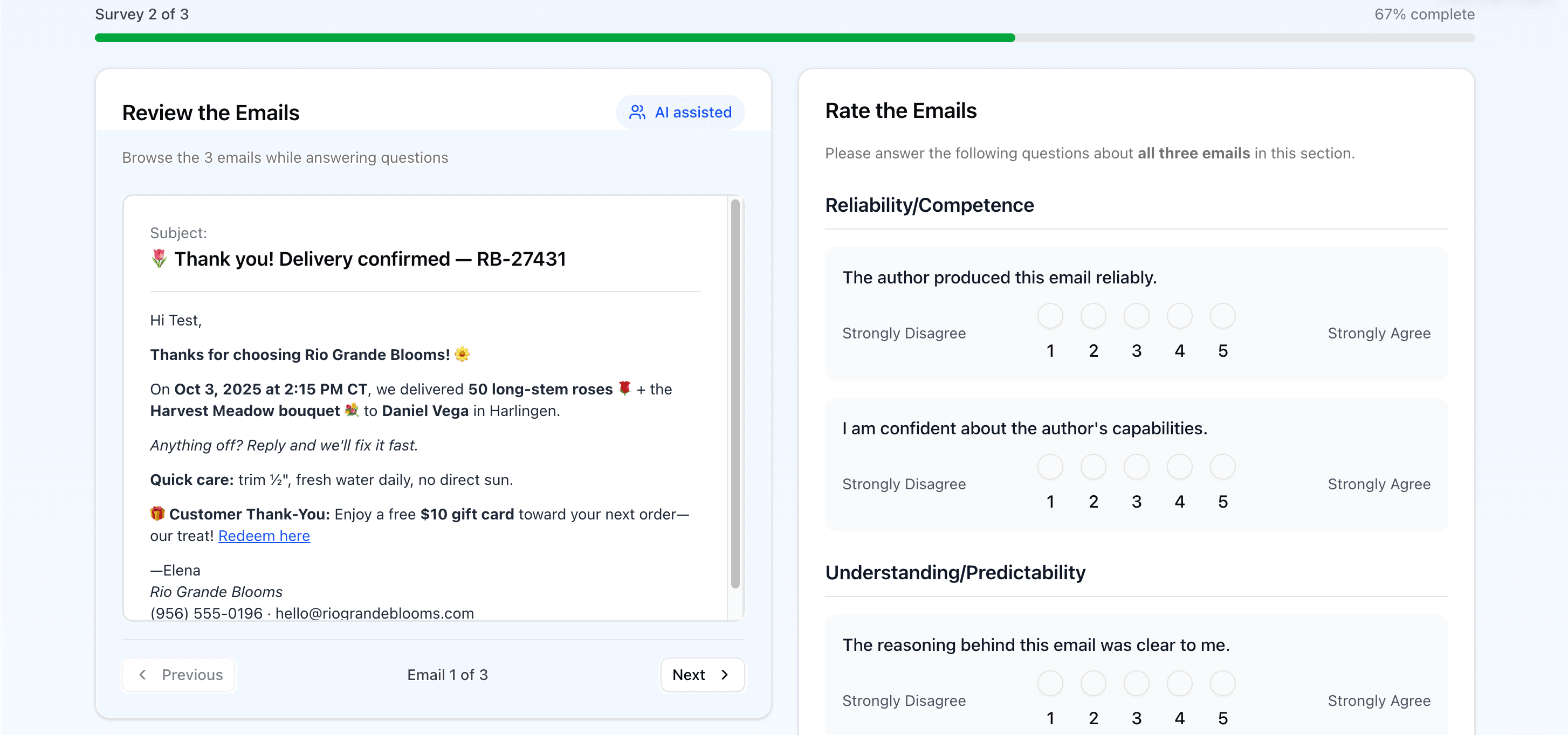 Screenshot of Trust in AI-Generated and AI-Assisted Emails