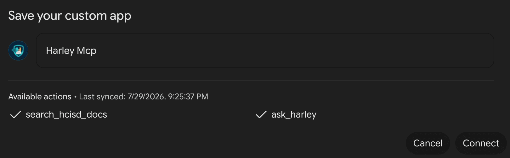 Adding Harley as a custom app in Gemini