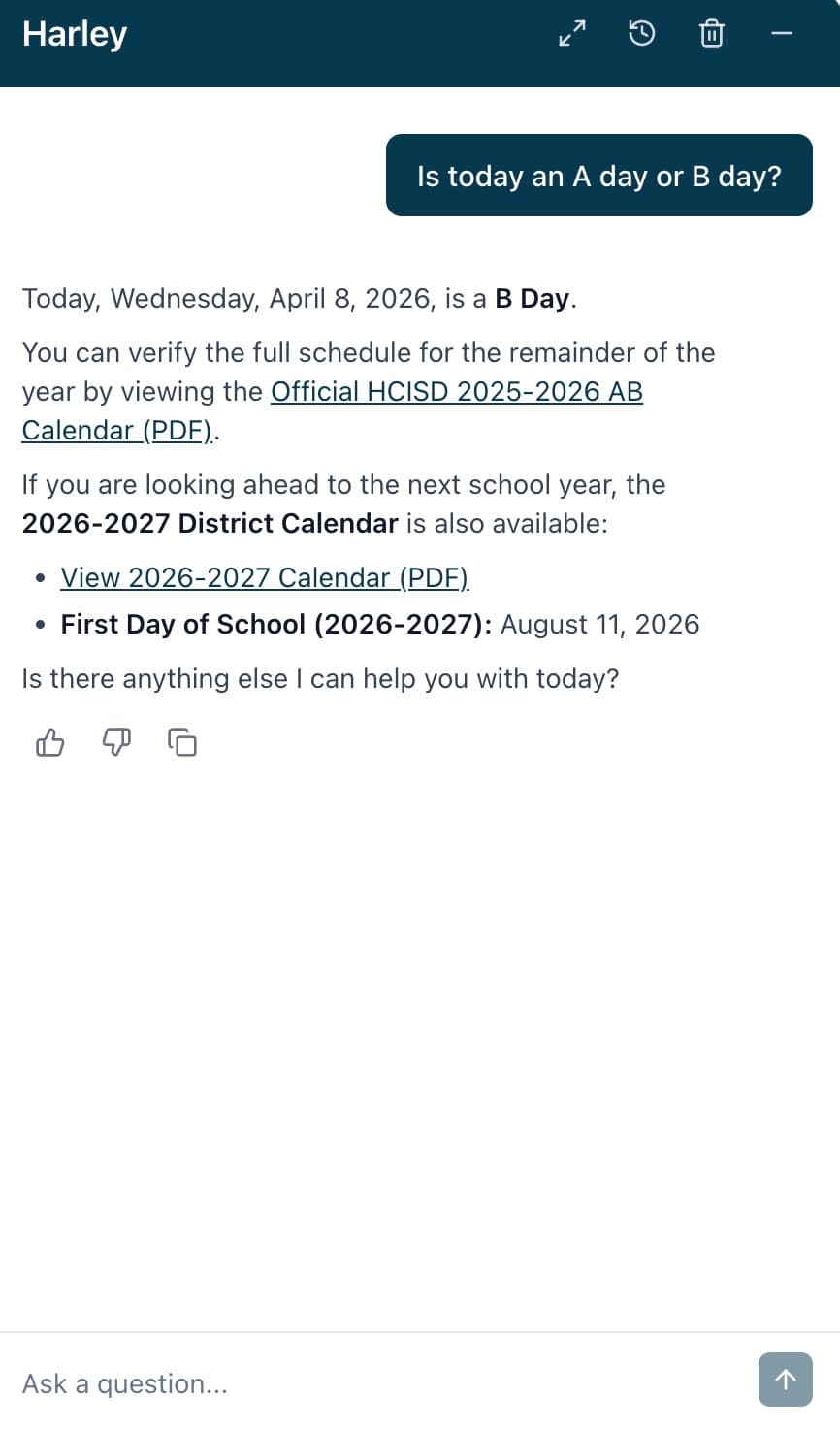 Harley answering "Is today an A day or B day?" with calendar links