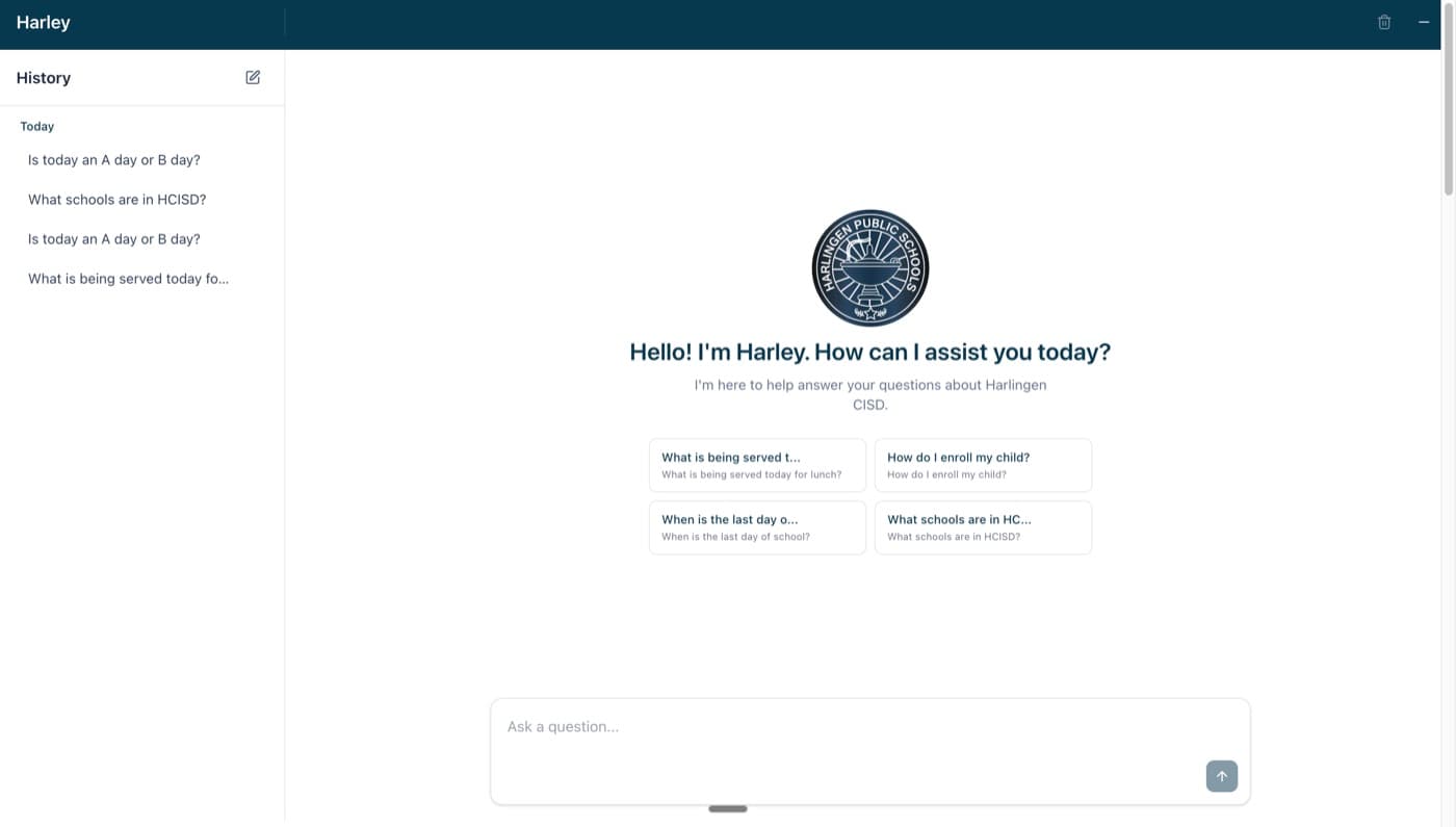 Harley standalone page with conversation history and prompt starters