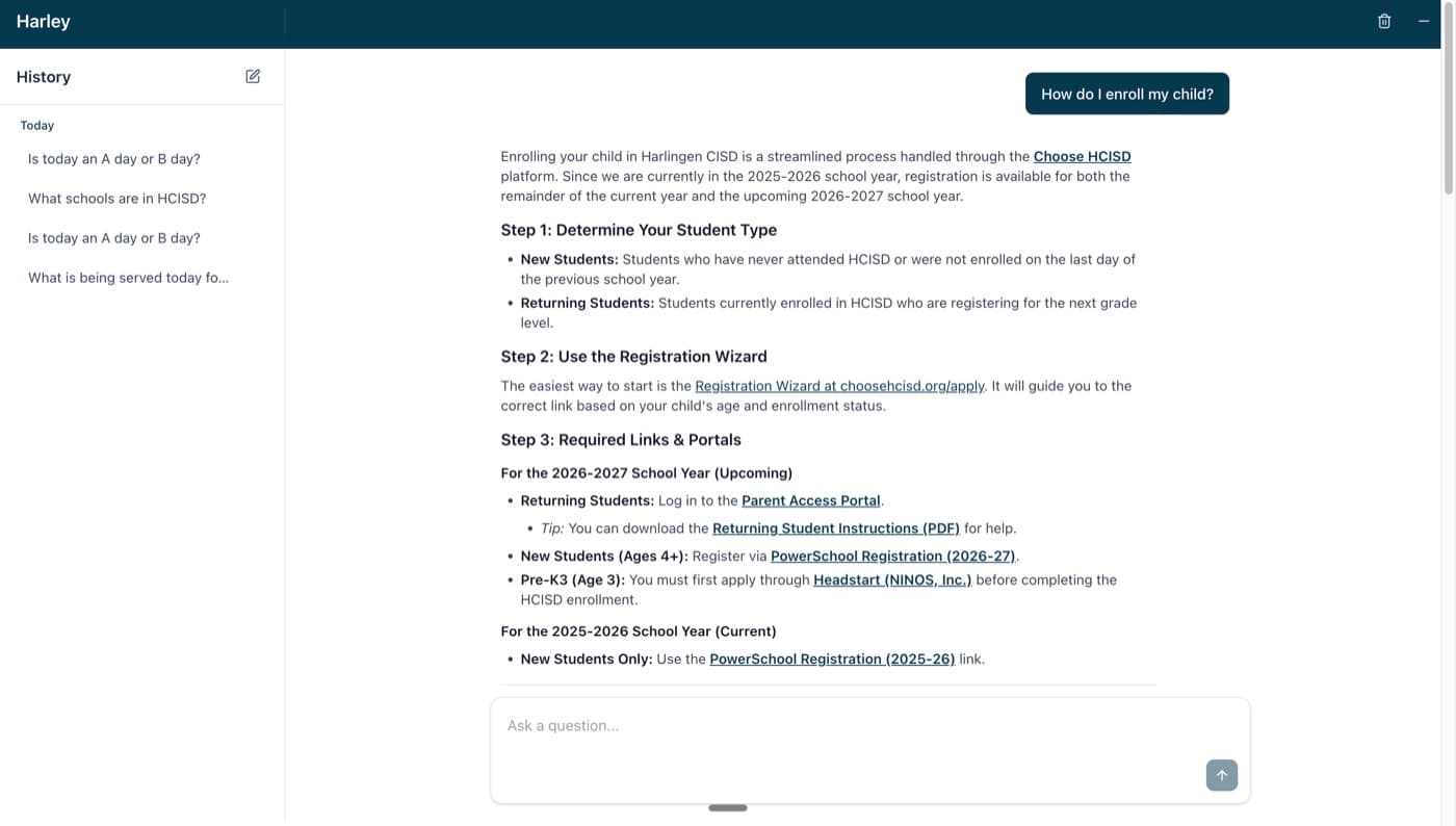Harley answering "How do I enroll my child?" with step-by-step instructions