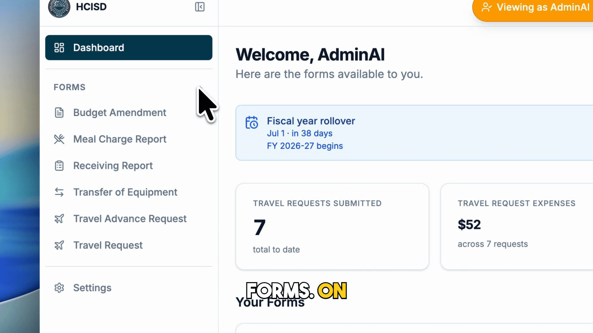 Budget Secretary dashboard with six Business Office forms