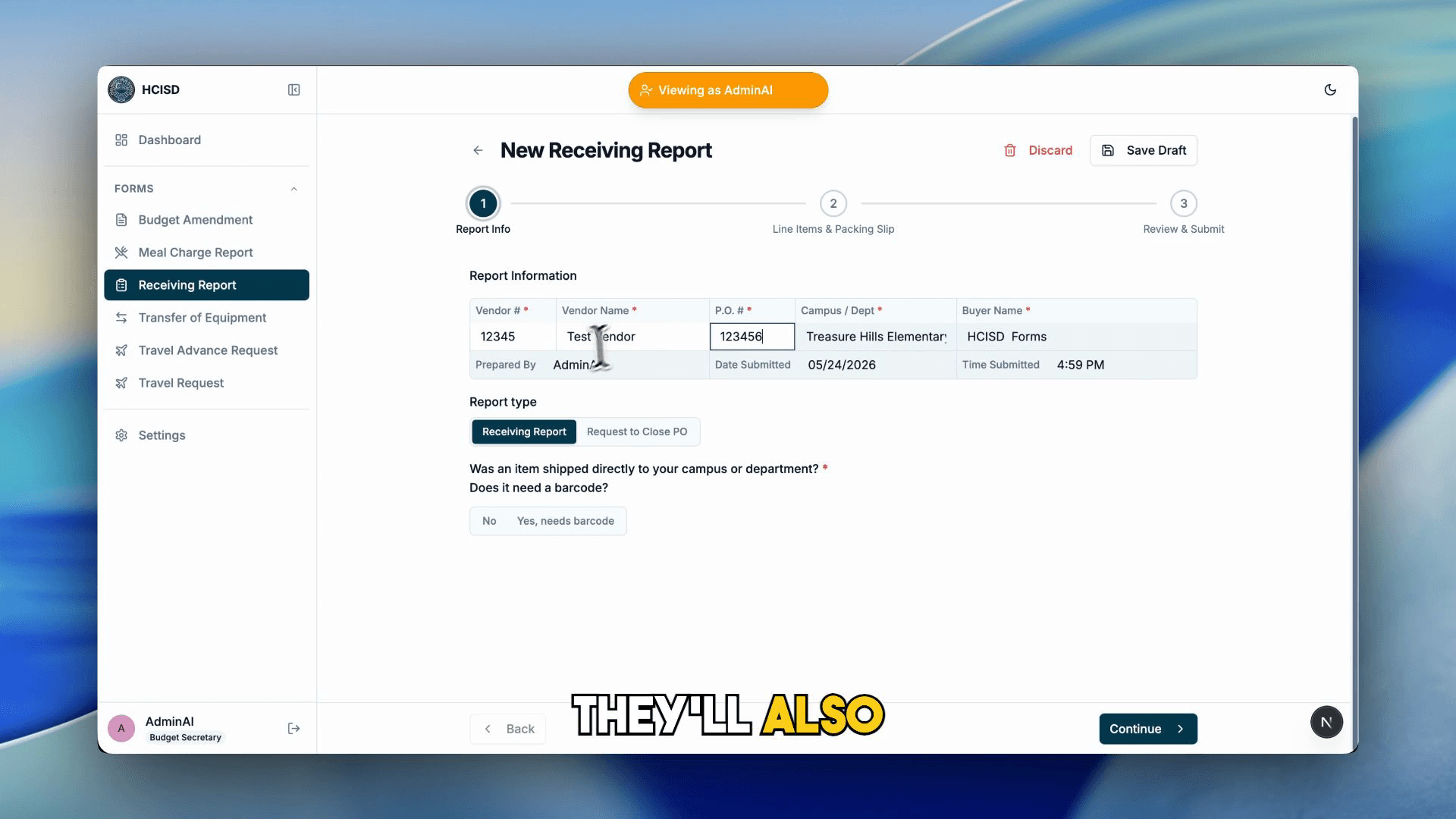 New Receiving Report, Report Information step