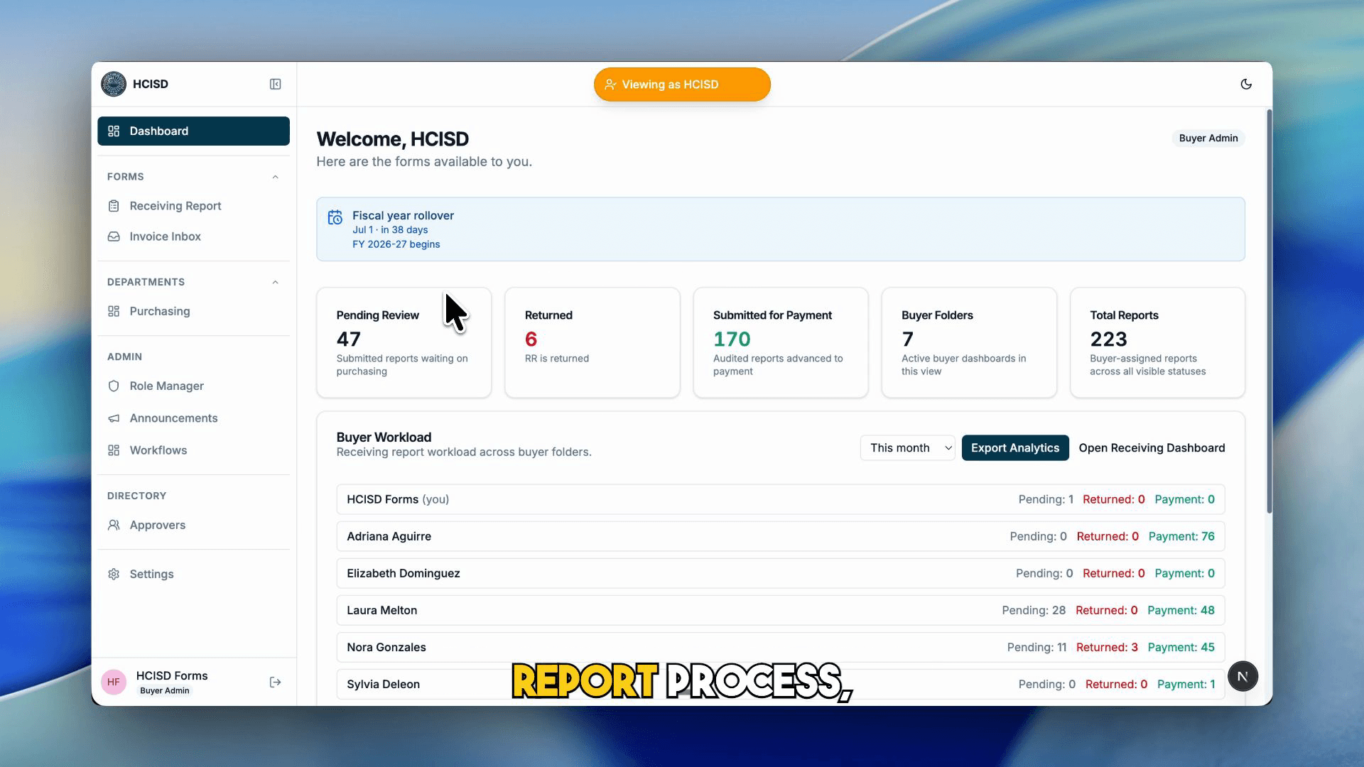 Buyer Admin receiving report dashboard