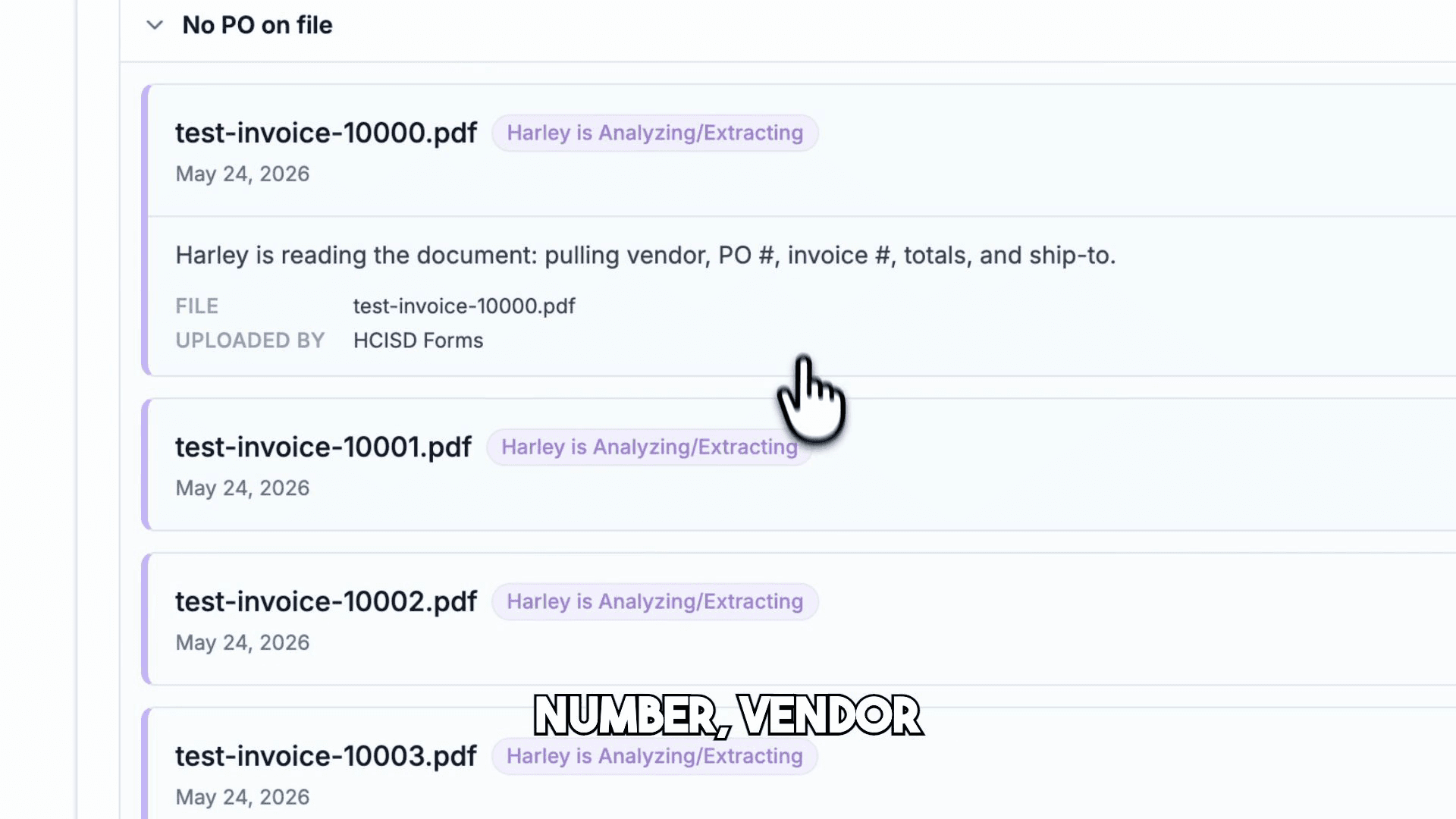 Invoice Inbox with Harley extraction fields