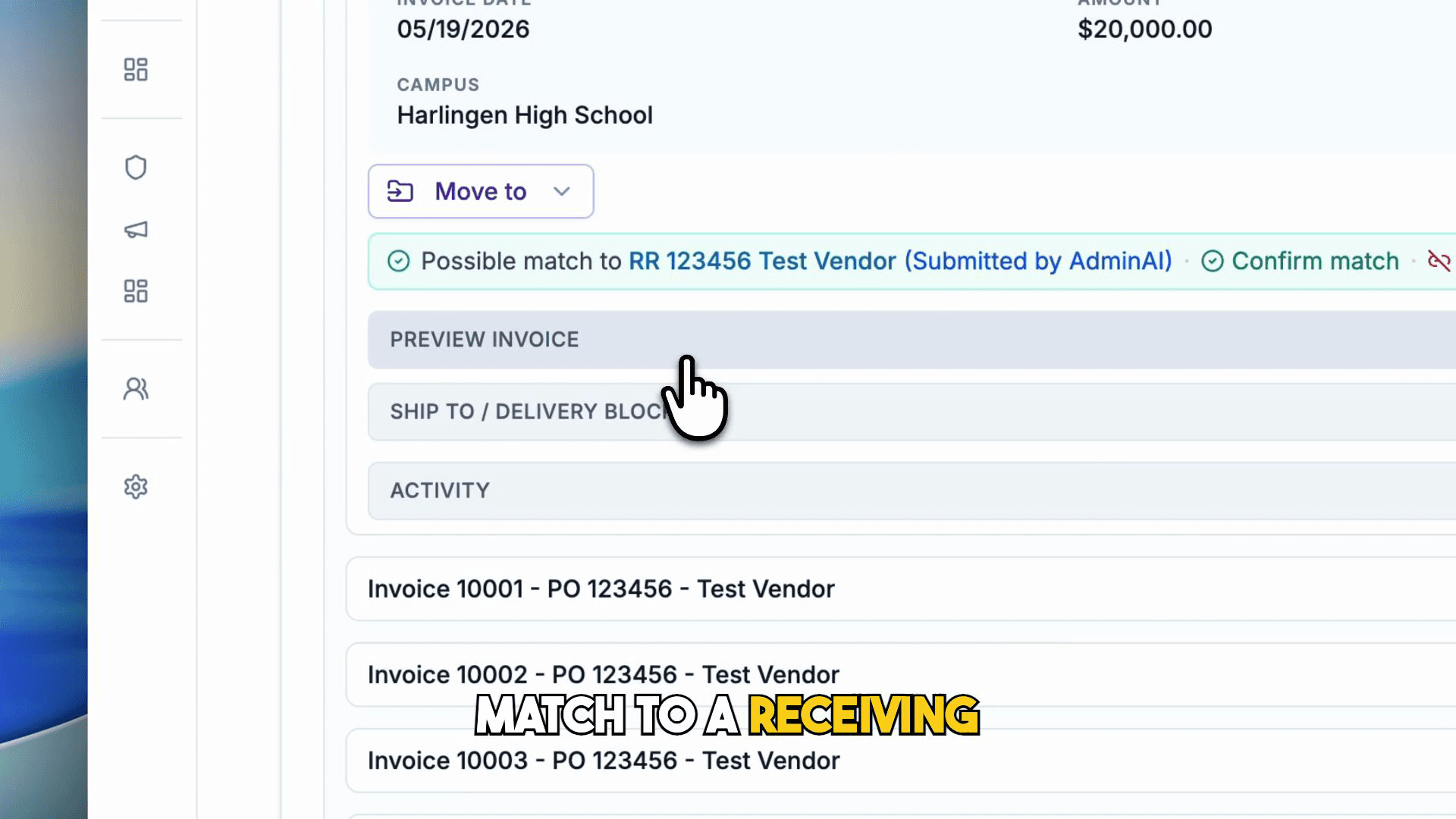 Confirming an invoice match to a receiving report