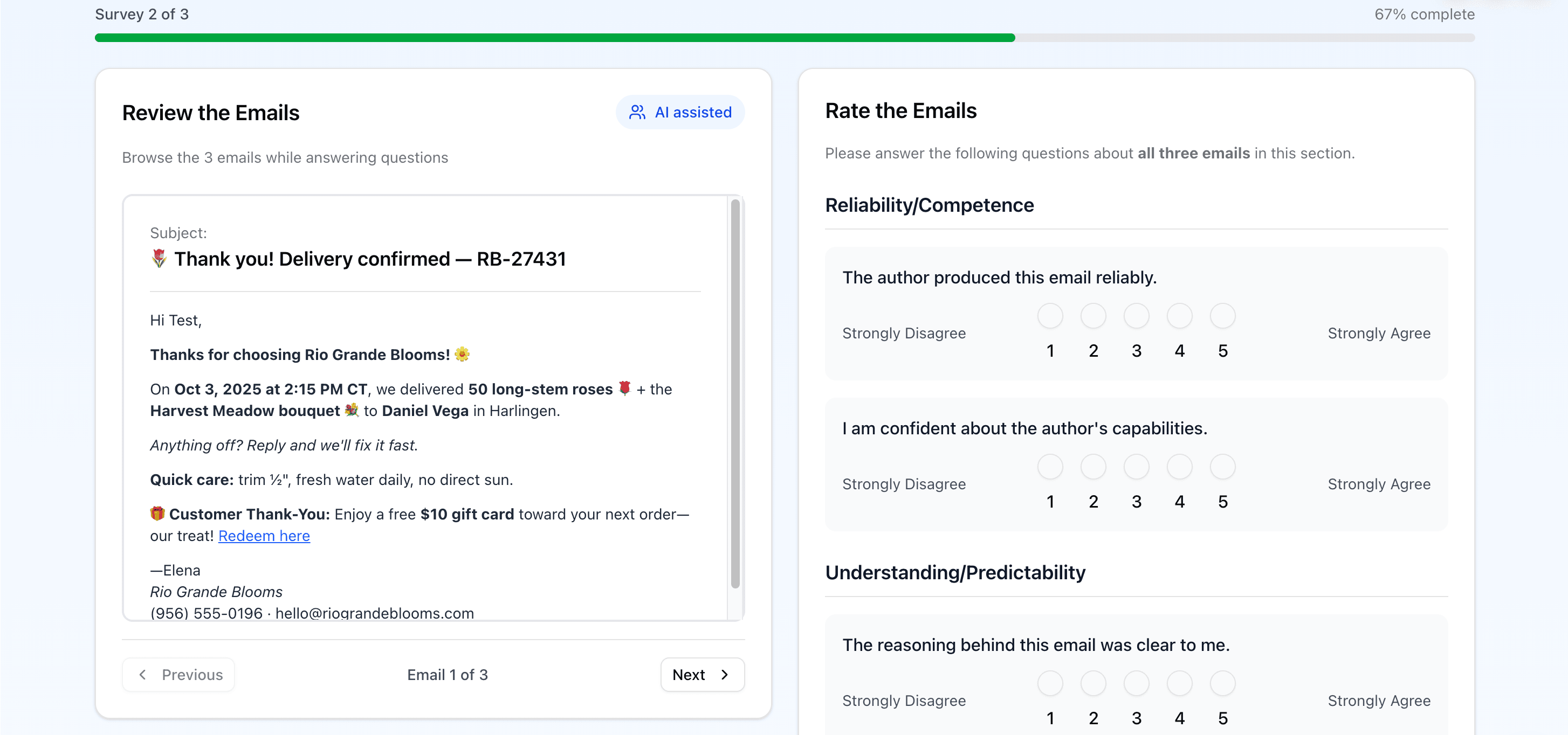 Screenshot of Trust in AI-Generated and AI-Assisted Emails - Mobile view